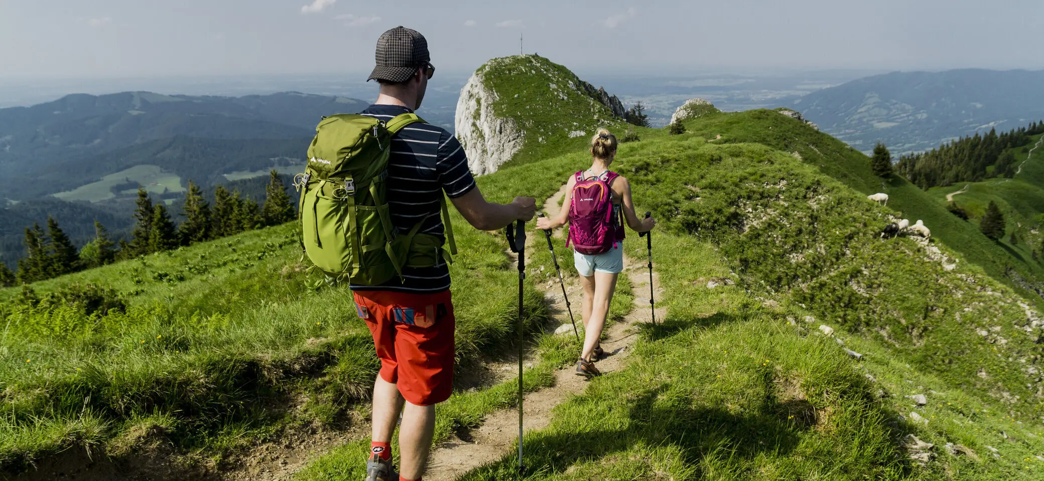 Zwei Wanderer auf den grünen Berghängen der Chiemgauer Alpen | © DAV/Hans Herbig